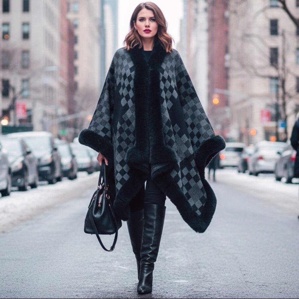 Oversized Plush Faux Fur Heavy Checker Pullover Cape Sweater Jacket Poncho Cape